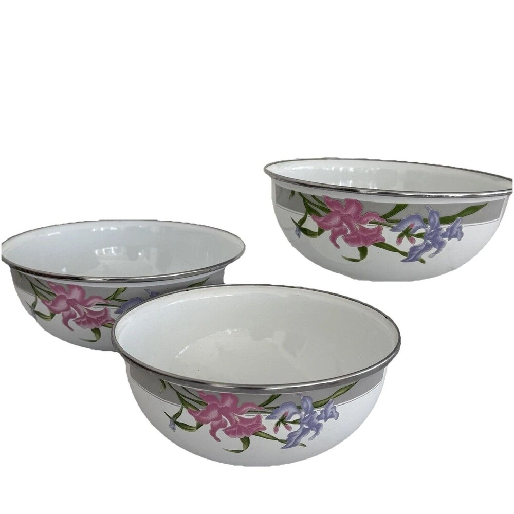 Nesting bowls Metal Mixing Floral Iris Pattern VTG GMI White Enamel Set of 3